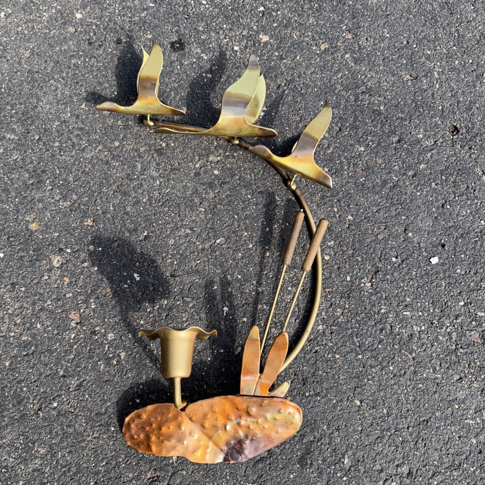 VTG Retro 60/70's Birds Waterlily Copper Candle Holder Wall Art Hanging MCM